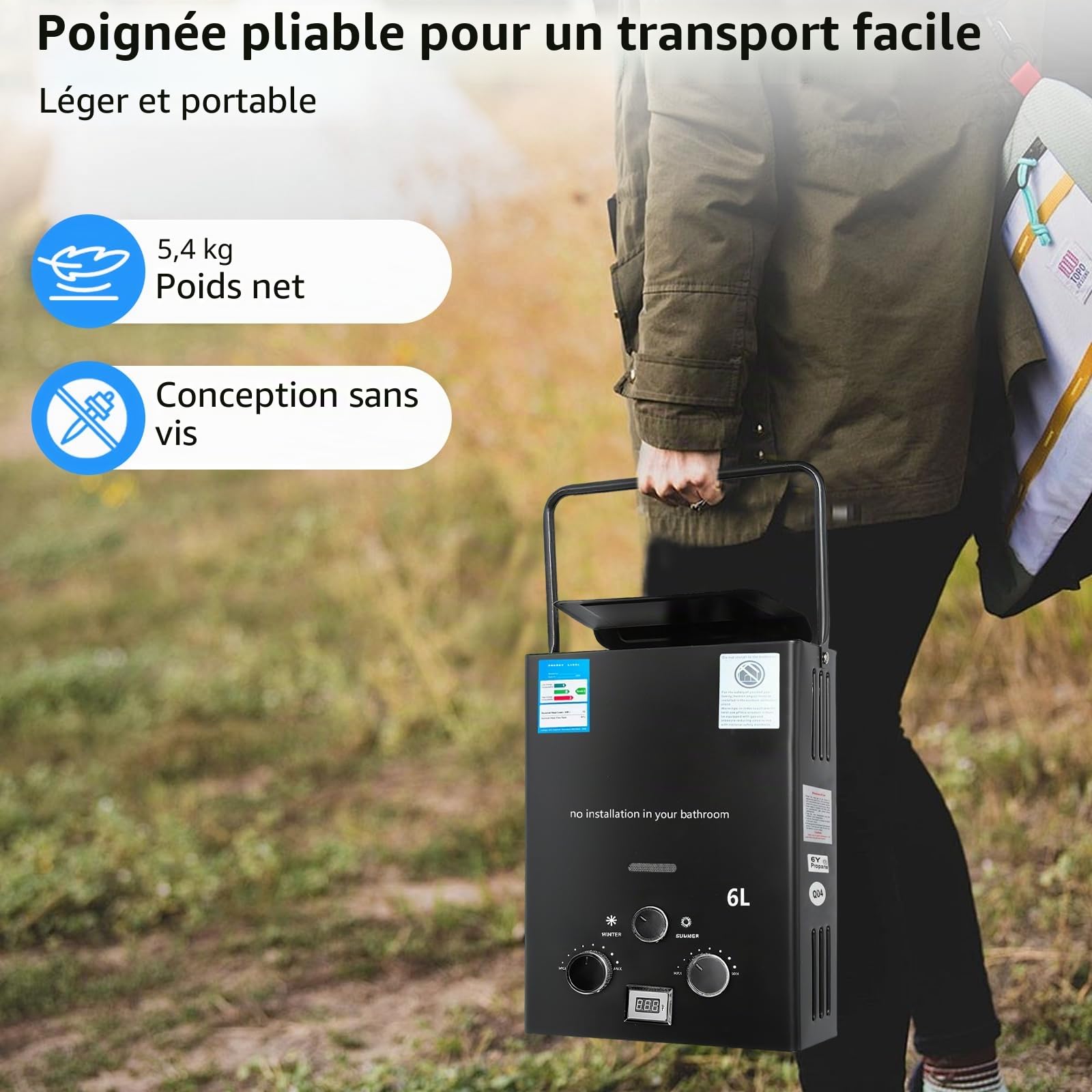 Chauffe-Eau Gaz Instantané Portable 6L, Chauffe Eau Camping Car avec Écran Numérique, 12KW Charge Thermique, Allumage Automatique à Pile, Pour Camping & Extérieur (noir)