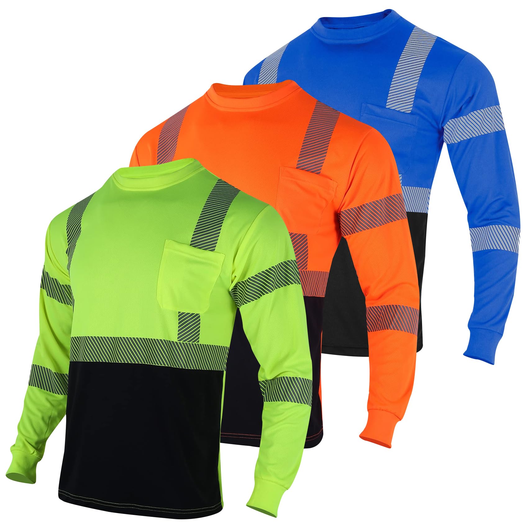 VENDACE 3pcs Safety T Shirts Reflective High Visibility Hi Vis Long Sleeve Construction Work Shirts for Men Class 3