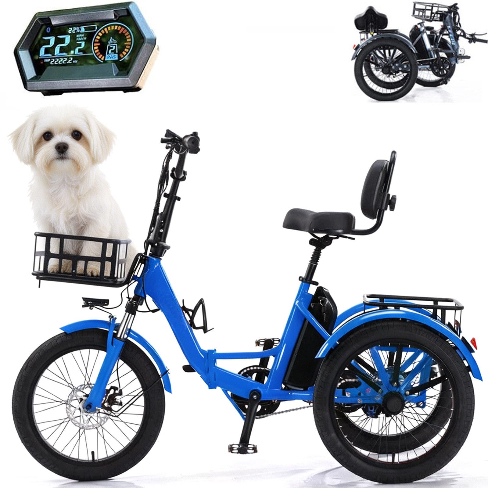 Bici Elettrica A 3 Ruote Elettrica per Adulti Tre Ruote Elettrica con Cestino Portaoggetti Larghi, Facile da Scalare capacità di Carico 20Inch-Blue