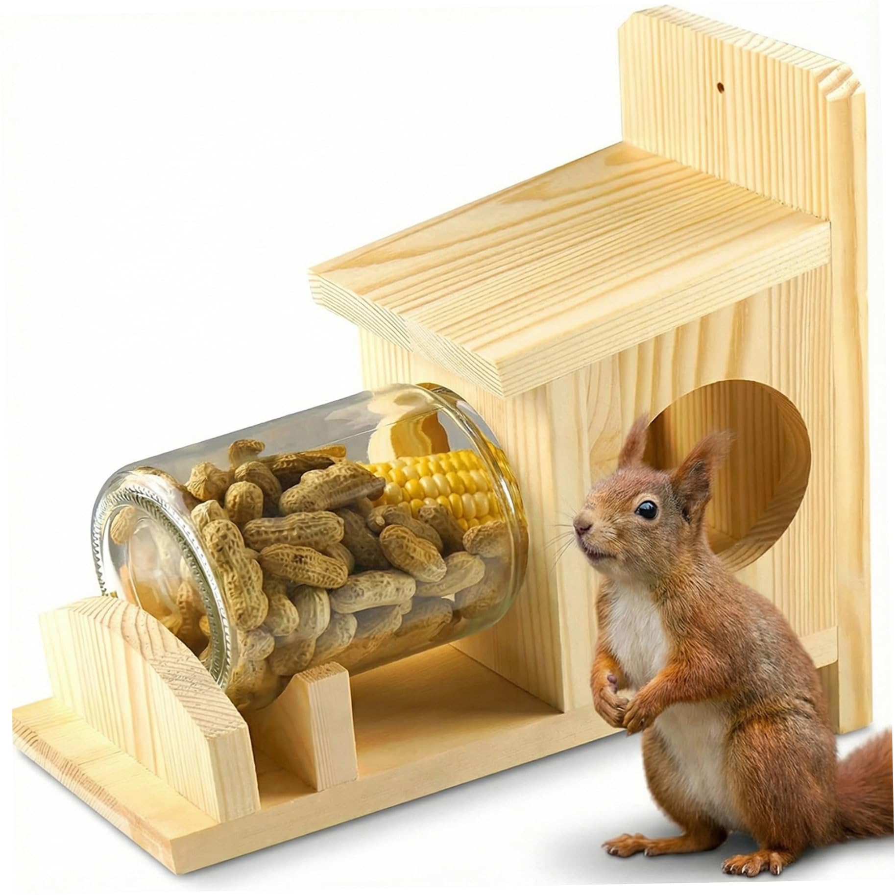 Eichhörnchen-Futterspender für draußen, Holz-Eichhörnchen-Box mit durchsichtigem Vorratsglas, wetterfester Nussriegel, Streifenhörnchen-Futterspender für Holzdeck, Baum, Zaun, 26, 7 x 14 x 14 cm