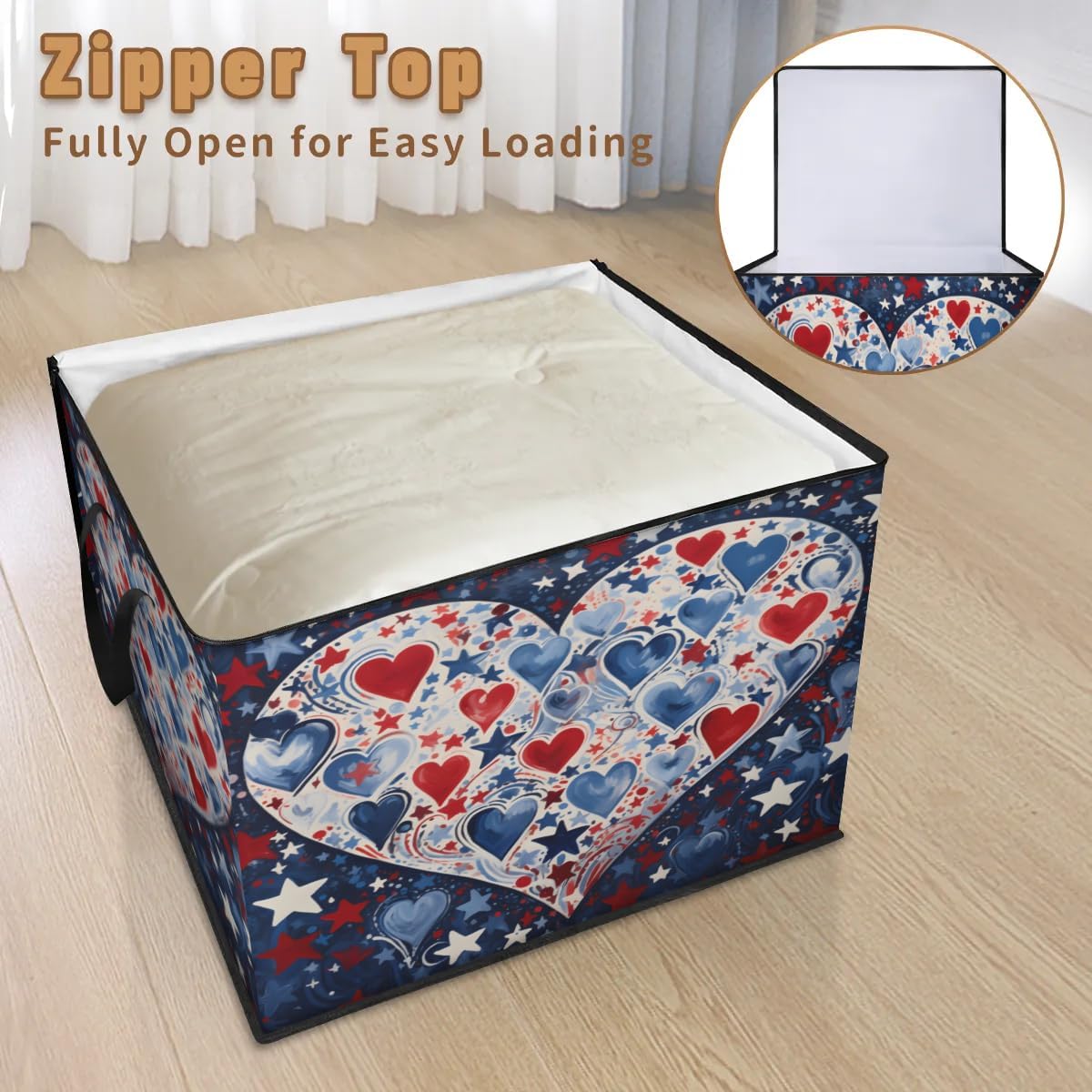 Honeybaby 214L Extra Large Comforter Storage Bag Patriotic Stars Heart Storage Totes with Lids Waterproof Closet Organizer Folding Blanket Storage Bags for Clothes Bedding Pillows