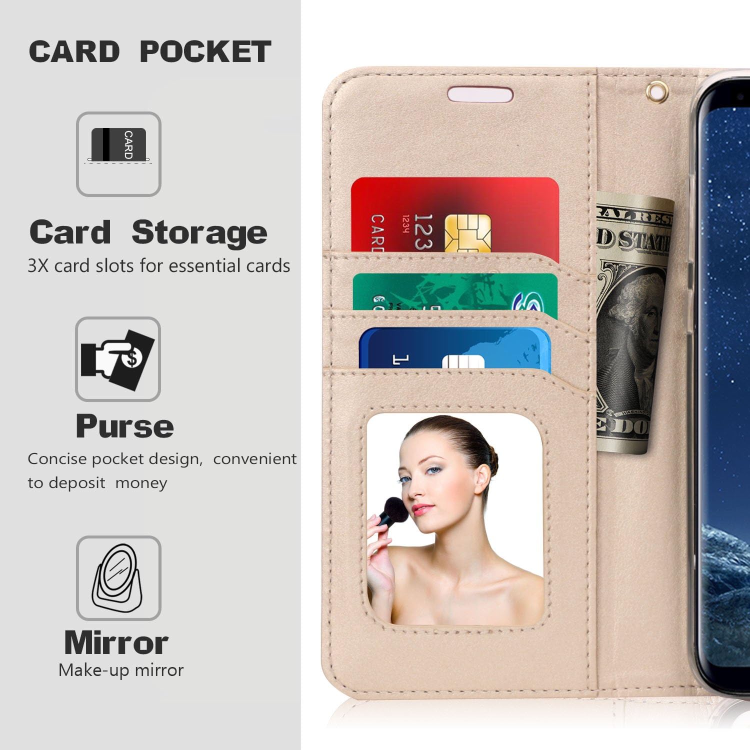 FYY Leather Case with Mirror for Samsung Galaxy S9 Plus, Leather Wallet Flip Folio Case with Mirror and Wrist Strap for Samsung Galaxy S9 Plus Pink