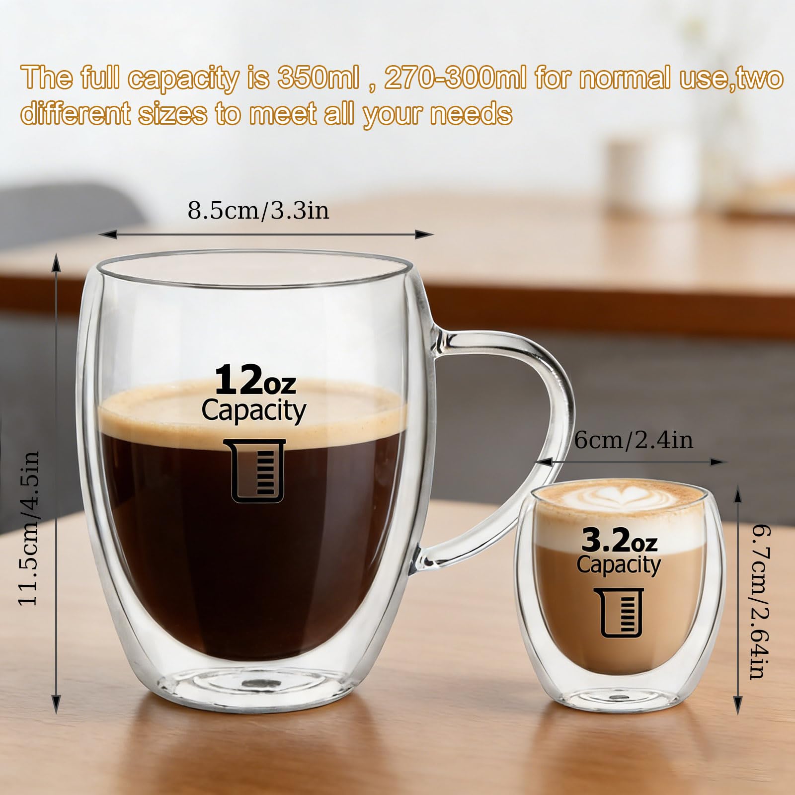 8 bicchieri per latte macchiato con manico, 4 bicchieri da caffè a doppia parete da 350 ml e 4 bicchieri da caffè/tè da 80 ml, mantengono caldi a lungo, perfetti per latte, cappuccino, americano, tè e
