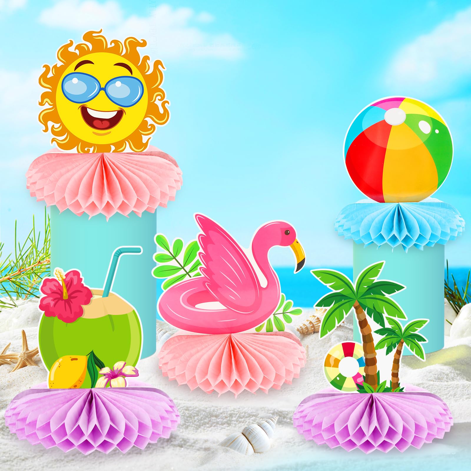 12 Pieces Beach Honeycomb Centerpieces Summer Pool Party Decorations Beach Centerpieces for Hawaii Luau Summer Pool Birthday Tables Photo Props