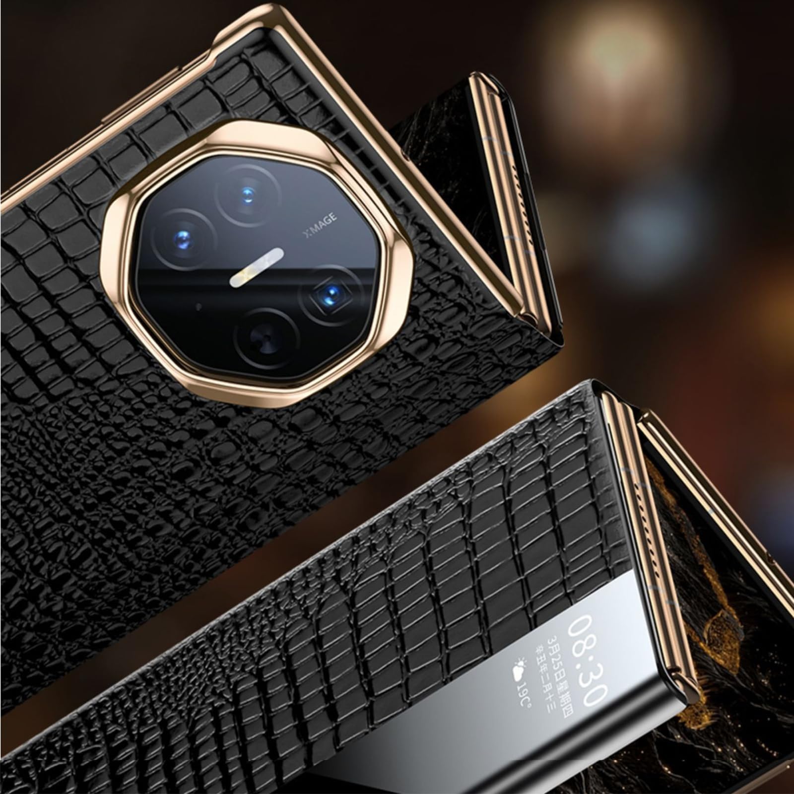 Etui na Huawei Mate XT, magnetyczna inteligentna osłona okna galwanizowana osłona ochronna na obiektyw odporny na zarysowania skórzane etui z klapką (brązowy)