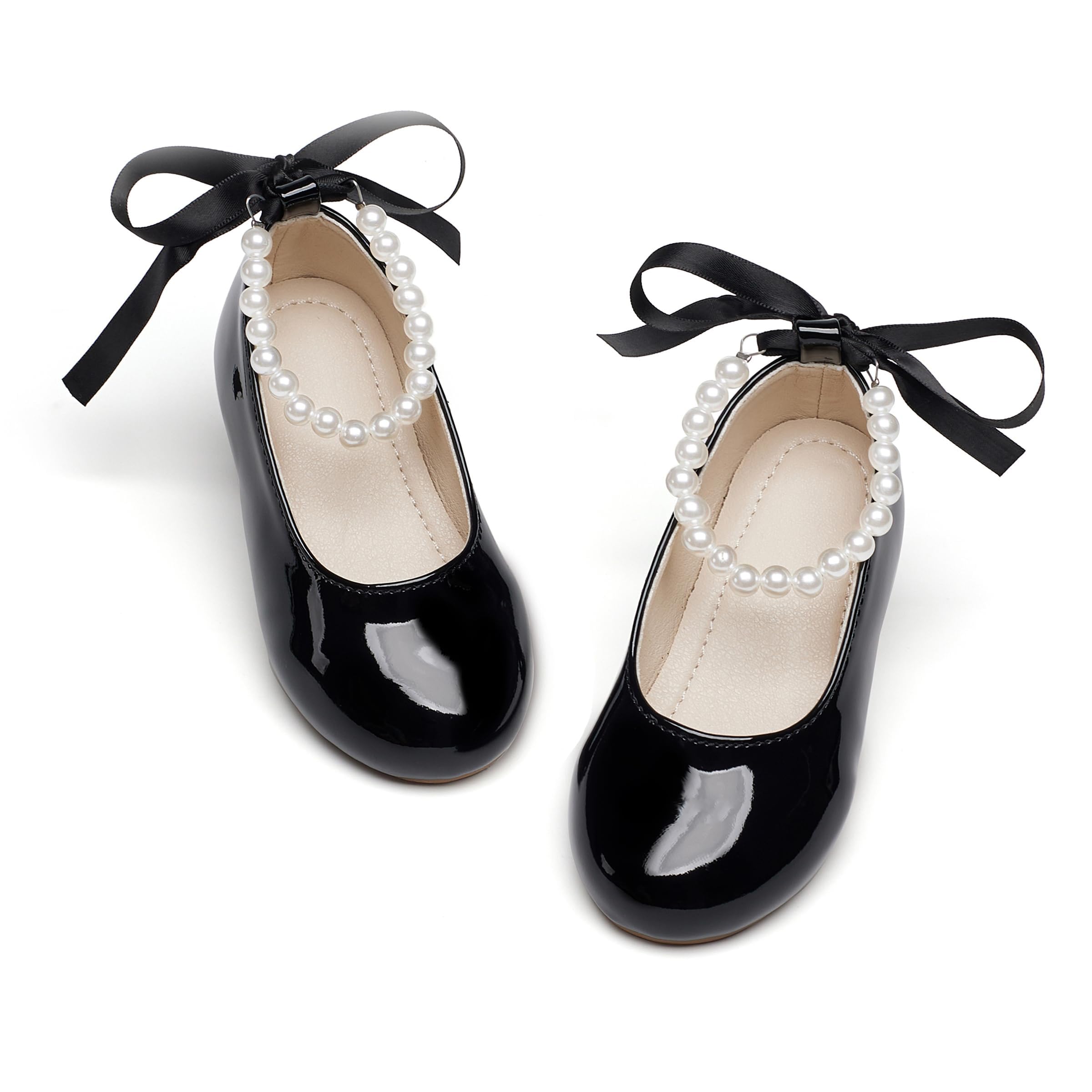 Toddler Flower Girl Dress Shoes - Little Girl Ballet Flats Pearl Strap for Wedding Party