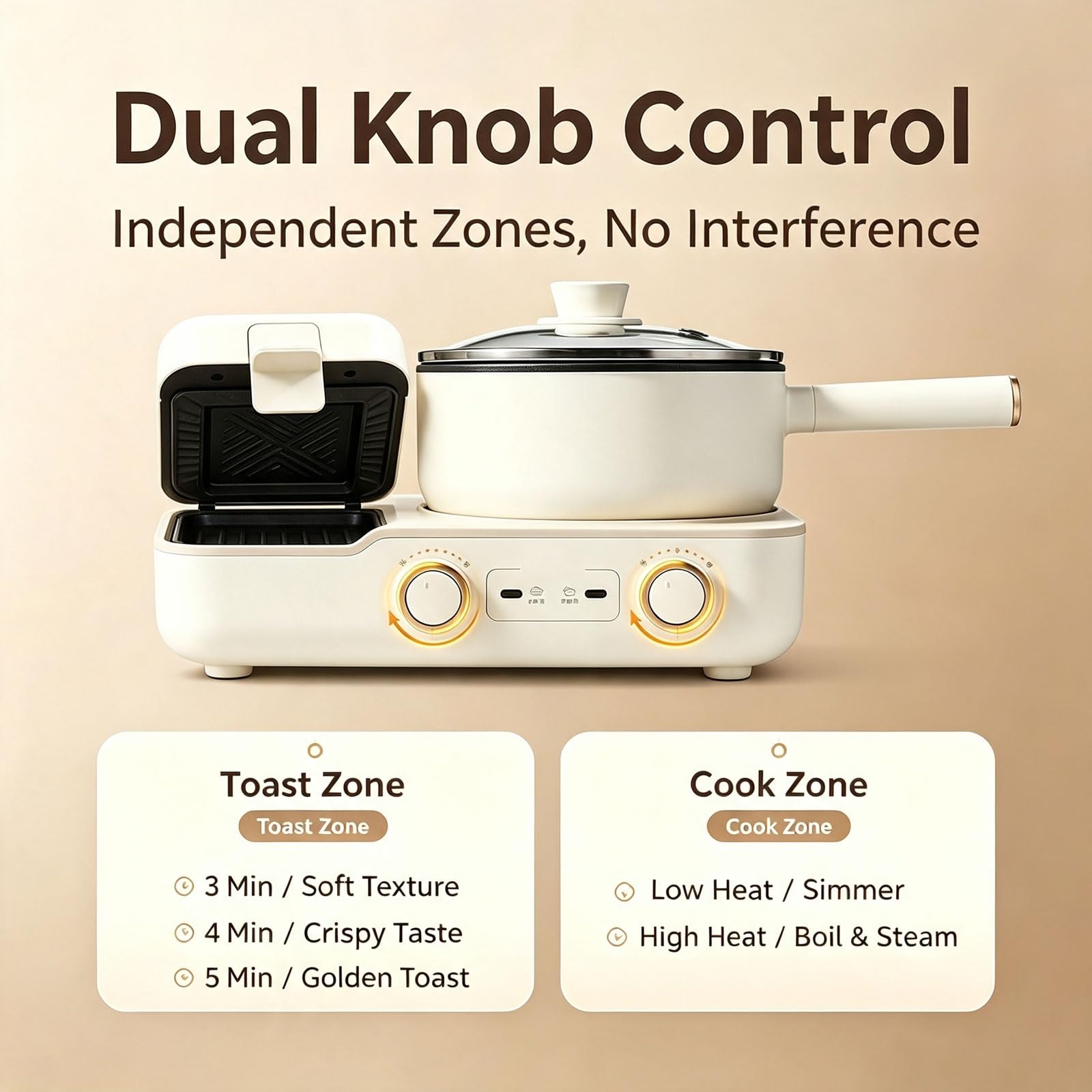 2-in-1-Frühstücksmaschine, 1400 W, zwei unabhängige Kochzonen | Antihaftbeschichtete Grillpfanne, herausnehmbarer Innentopf, Cool-Touch-Griff und spülmaschinenfeste Teile for Wohnungen