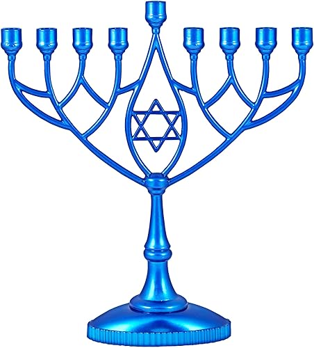 Zion Judaica Menorá geométrica clásica Chanukiah de 9 pulgadas, bañada en plata, vela Minorah se adapta a velas estándar de Hanukkah, forma