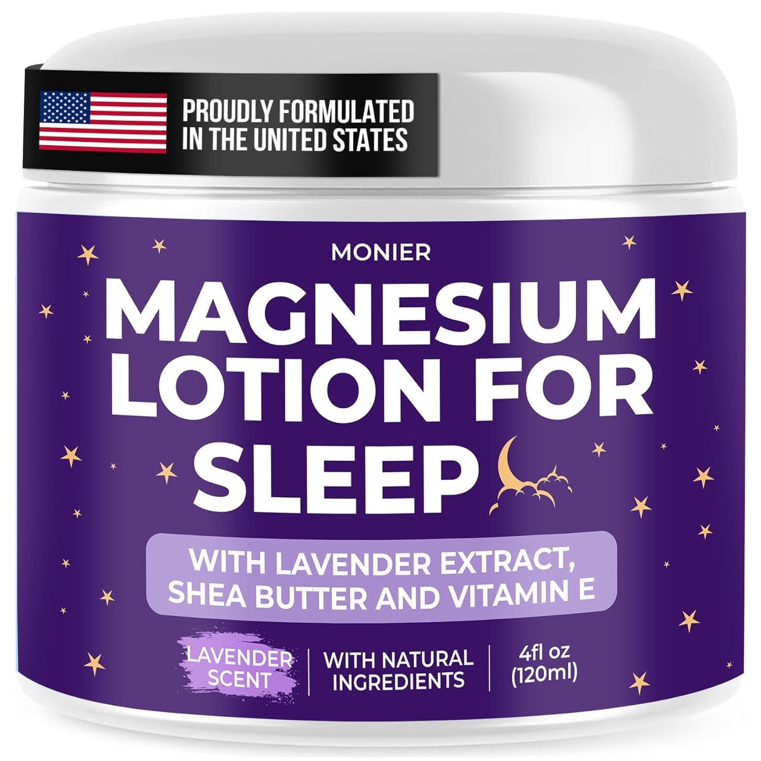 MONIER Magnesium Lotion for Sleep - Apply to Legs, Arms or Chest - Relaxing Magnesium Cream with Lavender, Shea Butter, Aloe Vera - 100% Natural Ingredients - Safe for Kids (4 oz, Lavender)