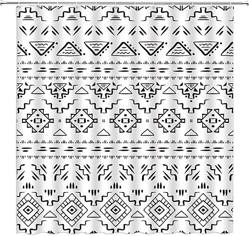 Miniatura 9 de Cortina de ducha bohemia negra y blanca geométrica, moderna, estilo tribal, retro, azteca occidental, abstracta, de mediados de siglo, arte