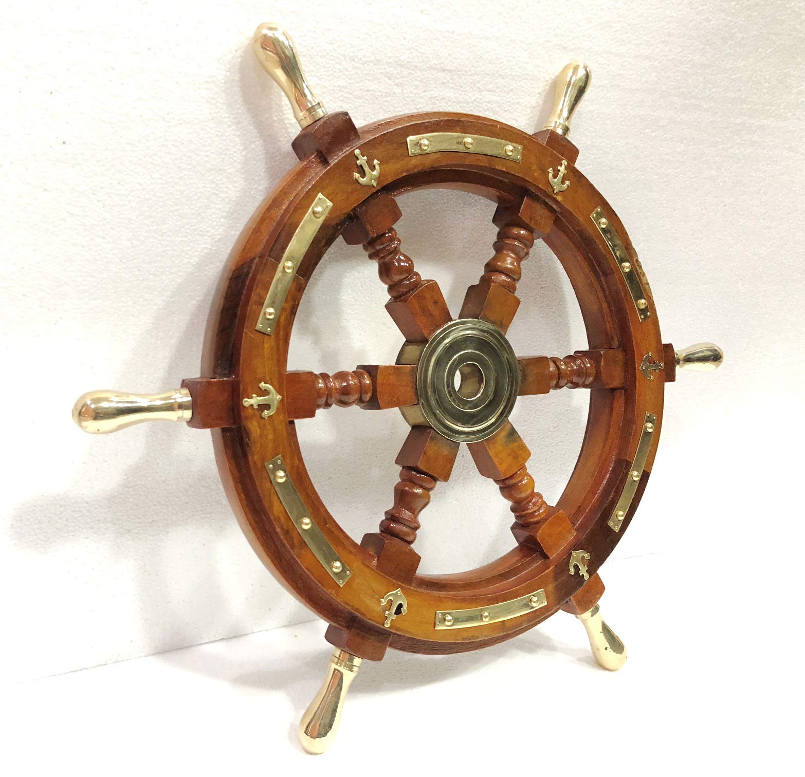ANTIQUE Timone in legno massello 45,7 cm ancoraggio e strisce con maniglie in ottone decorazione da parete