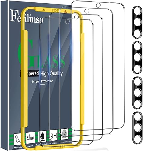 Ferilinso Paquete de 4 protectores de pantalla para Samsung Galaxy S24 con 4 protectores de lente de cámara de vidrio templado, accesorios
