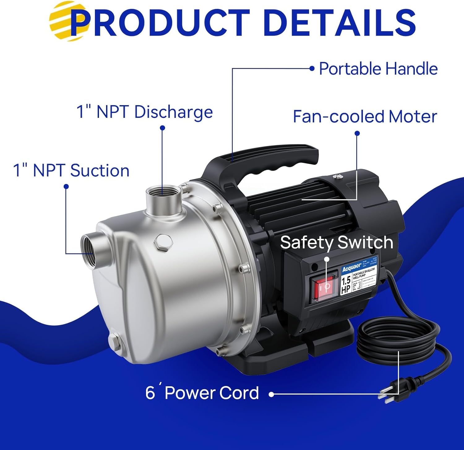 Acquaer 115V Shallow Well Garden Pump, Stainless Steel, Sprinkler Water Transfer Draining Irrigation Pump 1210 GPH, for Water Removal Lawn Garden,1.5 HP Portable