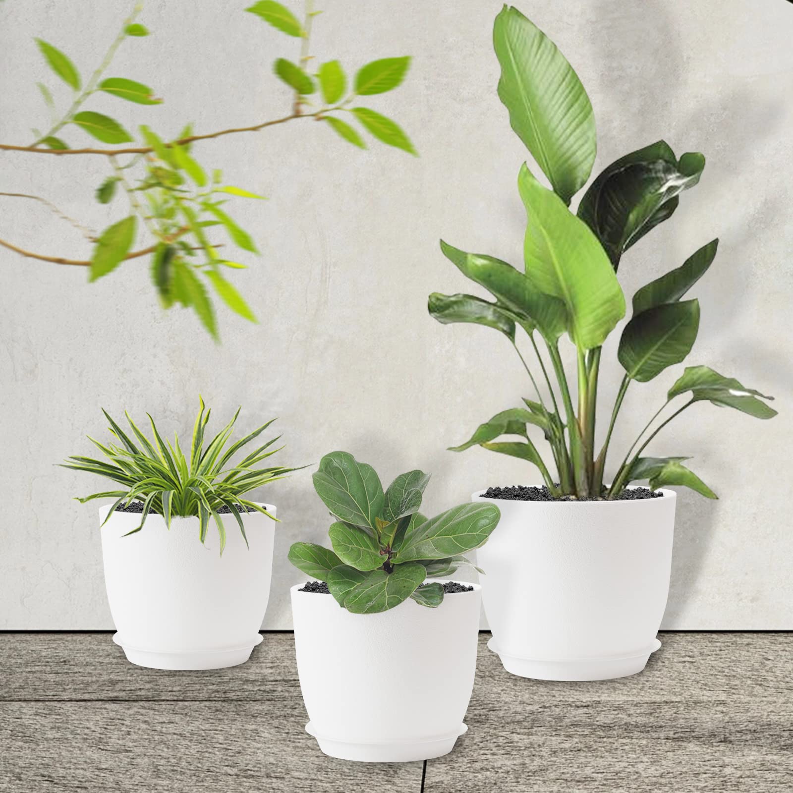 FORAGIFT 25/23/20cm Pots de Fleurs Intérieur, 3 Pcs Modernes en Plastique avec Trous de Drainage et Plateau pour Plantes D'intérieur, Blanc