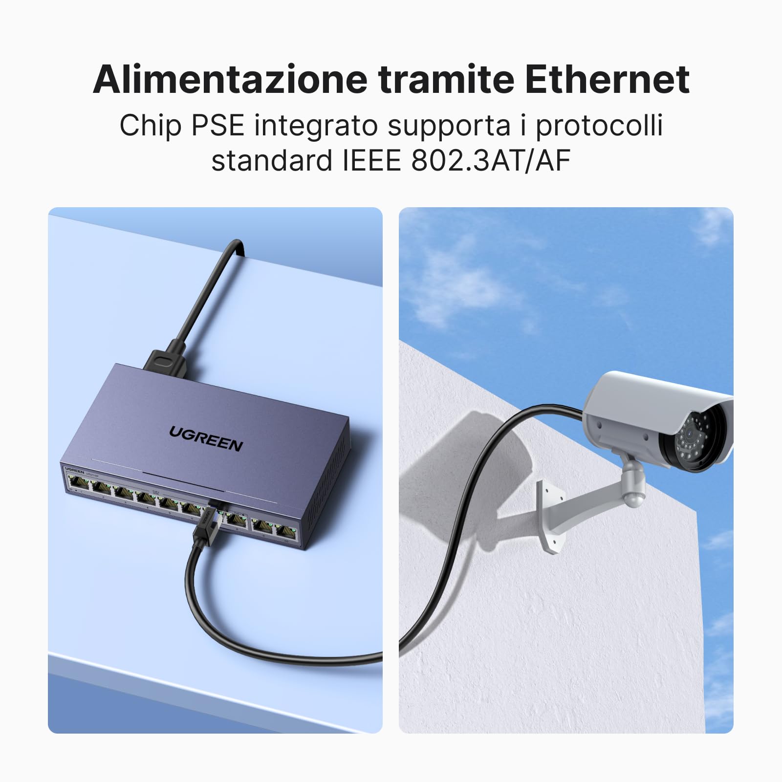 UGREEN 10 Porte Gigabit PoE LAN Switch con 8 PoE Switch + 2 Gigabit-Uplink 60W Potenza Totale per tutte le Porte PoE, Switch di Rete ideale per NVR, Telecamere IP, Non Gestito con Carcassa Metallica