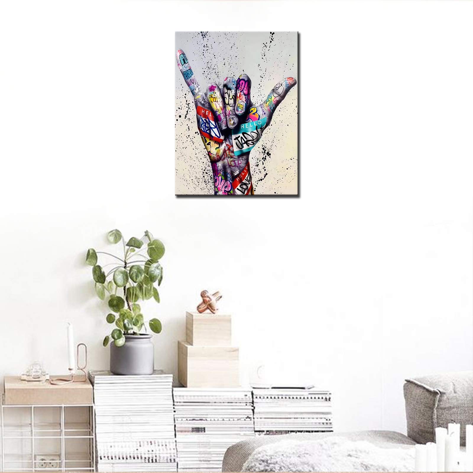 Banksy Street Art Decor Fingers Pictures Graffiti Two Fingers Means Number Six Artwork 1 Panels Canvas Wall Art Living Room Nordic House Decor Framed Ready to Hang Poster and Prints(12''Wx16''H) - Image 4