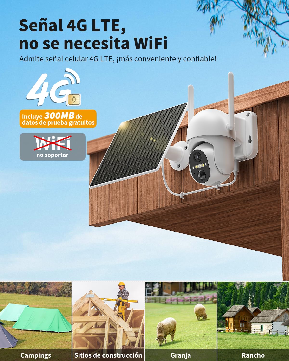 4G LTE Camara Vigilancia Exterior con Panel Solar, 2K 360° PTZ Cámara Vigilancia con Tarjeta SIM, PIR Detección de Movimiento, Visión Nocturna en Color, Audio Bidireccional, IP66 Impermeable