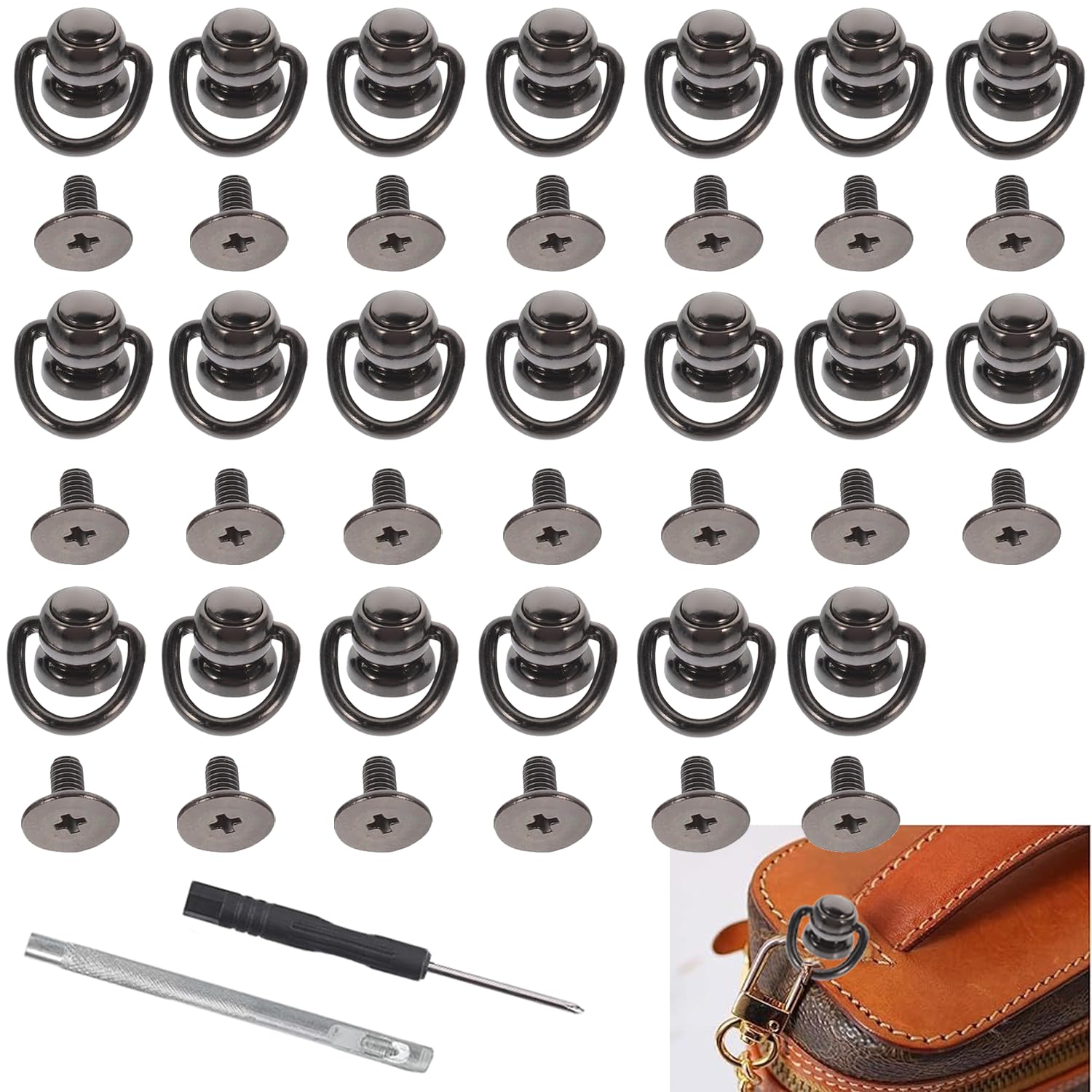 RXKFIGX 20 Stücke Nieten für Leder Ring Nieten mit Ring Gold Messing Nietbolzen Schraubenkopfknöpfe Messing Rivet Ring Für Gürtel Geldbörse Handtasche