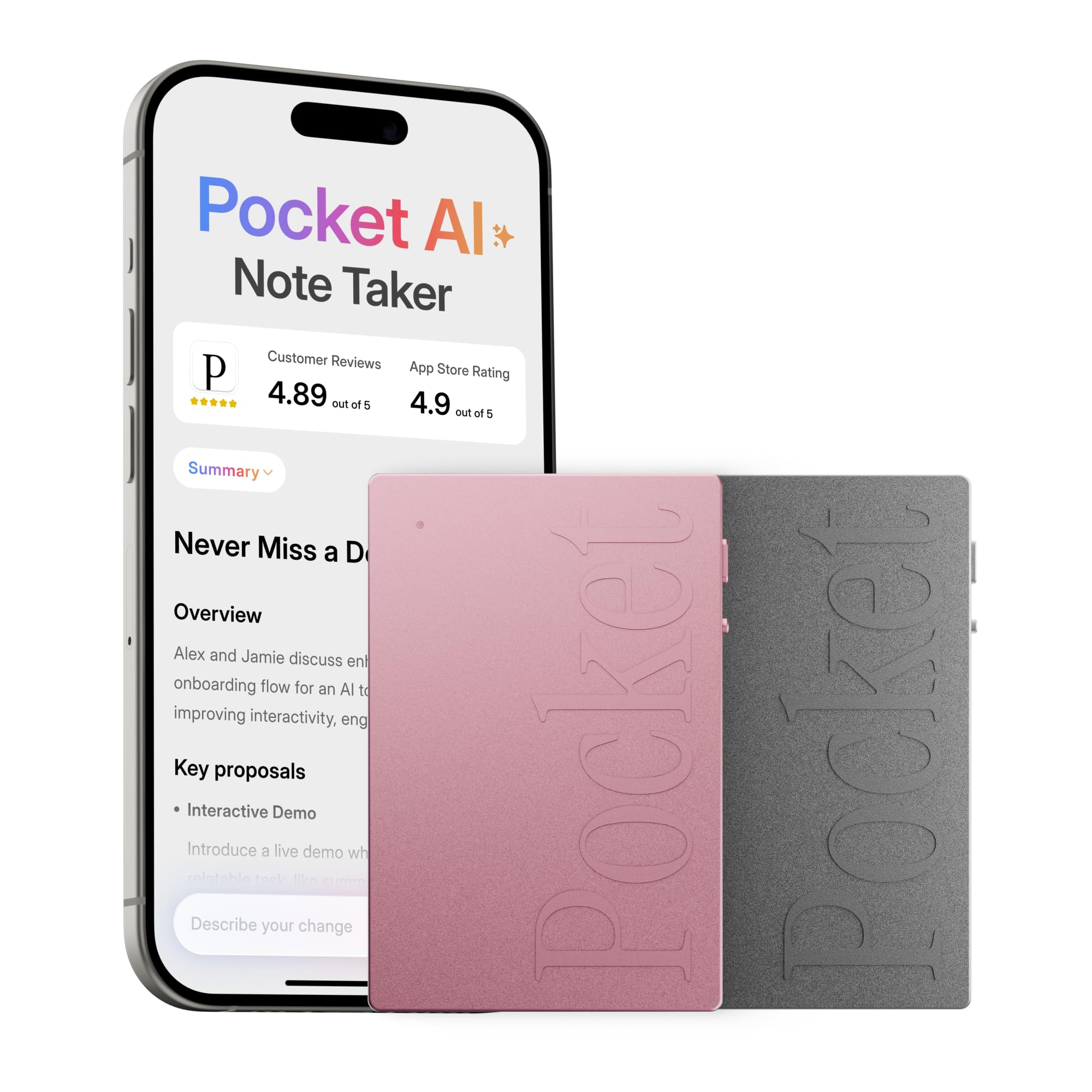 Pocket AI Space Grey + Baby Pink | Two Pocket AI recorders in Space Grey and Baby Pink fo…