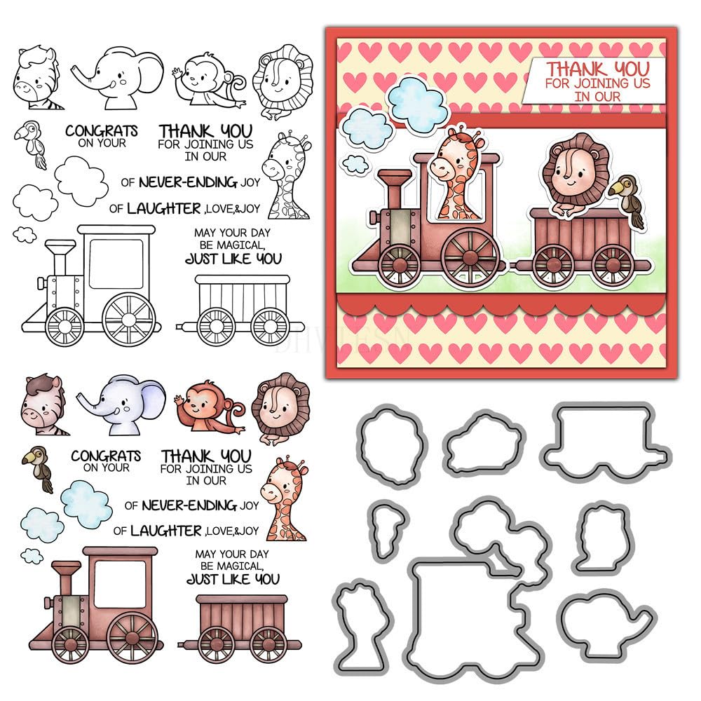 Train Stamps and Die Cuts for Card Making Animals Transparent Silicone Clear Stamp and Metal Cutting Dies Sets for DIY Scrapbooking Paper Crafting Seals Decorative Supplies