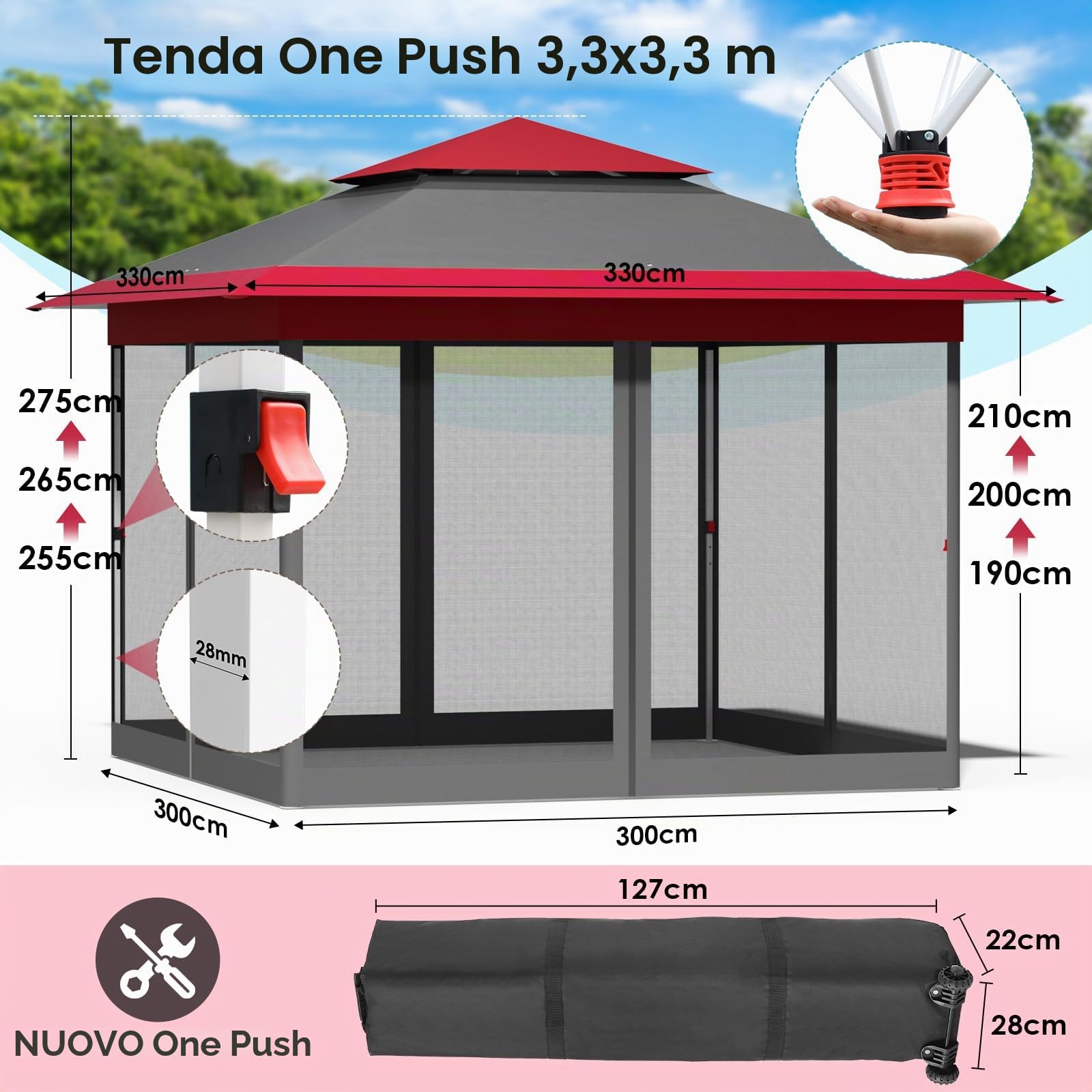 Gazebo pieghevole 3,3x3,3 m, con 4 pannelli laterali in zanzariera, One Push tenda con doppio tetto, Gazebo impermeabile da giardino 4 PCS sacchi di sabbia, per mercato/campeggio, Rosso Grigio