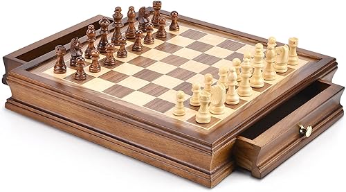 Miniatura 3 de AMEROUS Juego de ajedrez magnético de madera de 12.8 x 12.8 pulgadas con 2 cajones de almacenamiento integrados, 2 reinas adicionales, embalaje de