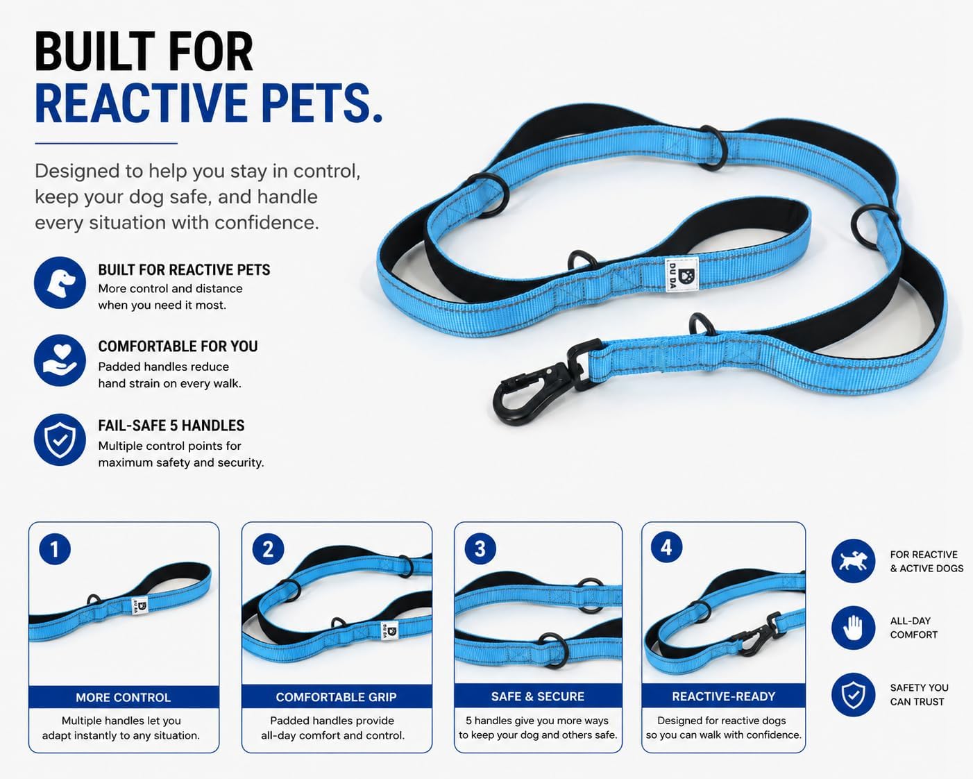 Training Dog Leash – Dual Padded Handles for Reactive Pets - Complete Control Points and D Ring Attachments - Continuous Webbing for Strength - Fail Safe – Large Dog - DU DA Pets (Duchesse Blue)