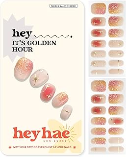 Heyhae Semi Cured Gel Nail Strips | No LED Lamp Needed | Ombre, Gold, Spring | Easy Apply & Remove, Salon Quality | Includes 28 Strips, 1 Prep Pads, Nail File & Wooden Stick - Hey, It's Golden Hour