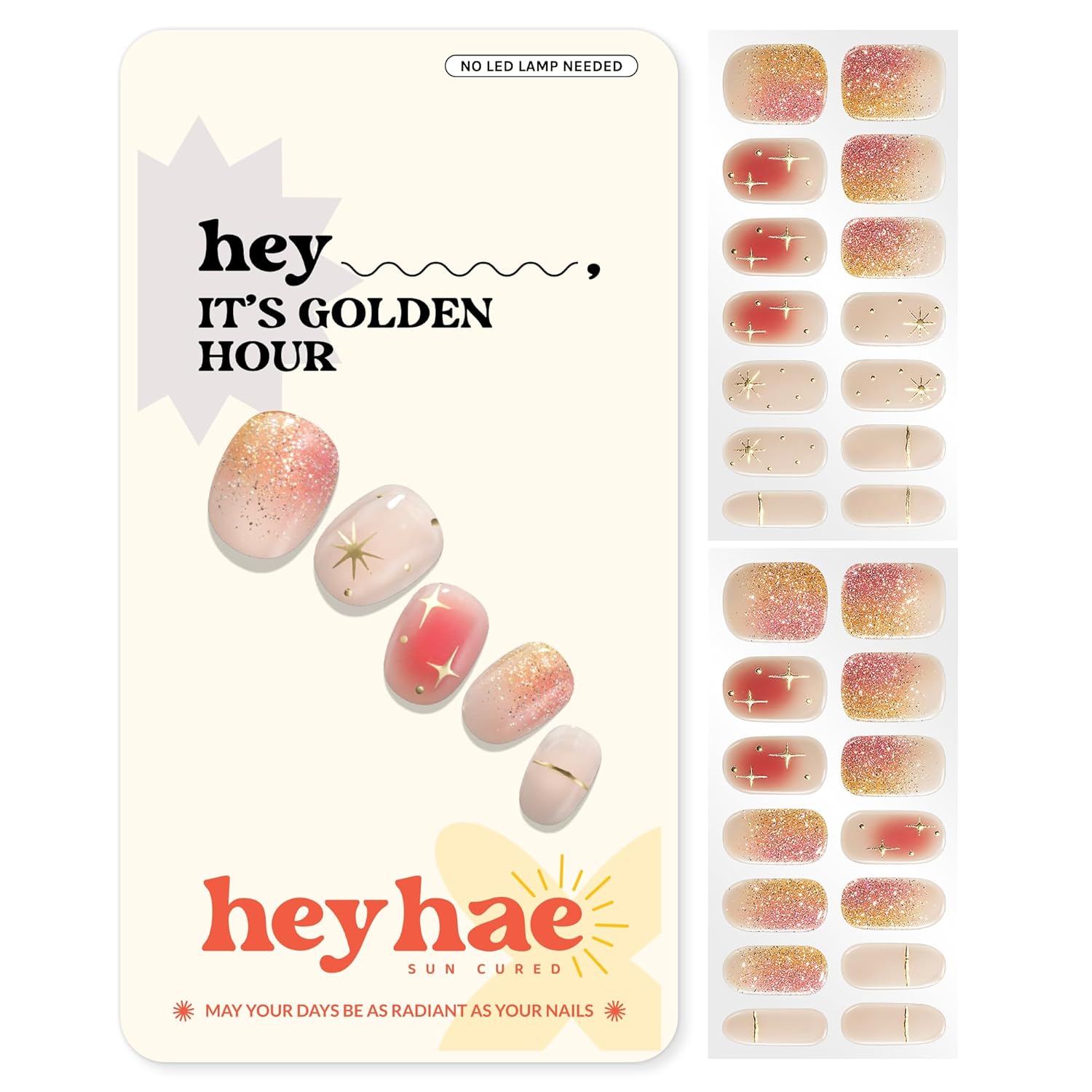 Product image of Heyhae Semi Cured Gel Nail Strips | No LED Lamp Needed | Ombre, Gold, Spring | Easy Apply & Remove, Salon Quality | Includes 28 Strips, 1 Prep Pads, Nail File & Wooden Stick - Hey, It's Golden Hour