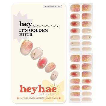 Heyhae Semi Cured Gel Nail Strips | No LED Lamp Needed | Ombre, Gold, Spring | Easy Apply & Remove, Salon Quality | Includes 28 Strips, 1 Prep Pads, Nail File & Wooden stick - Hey, Its Golden Hour