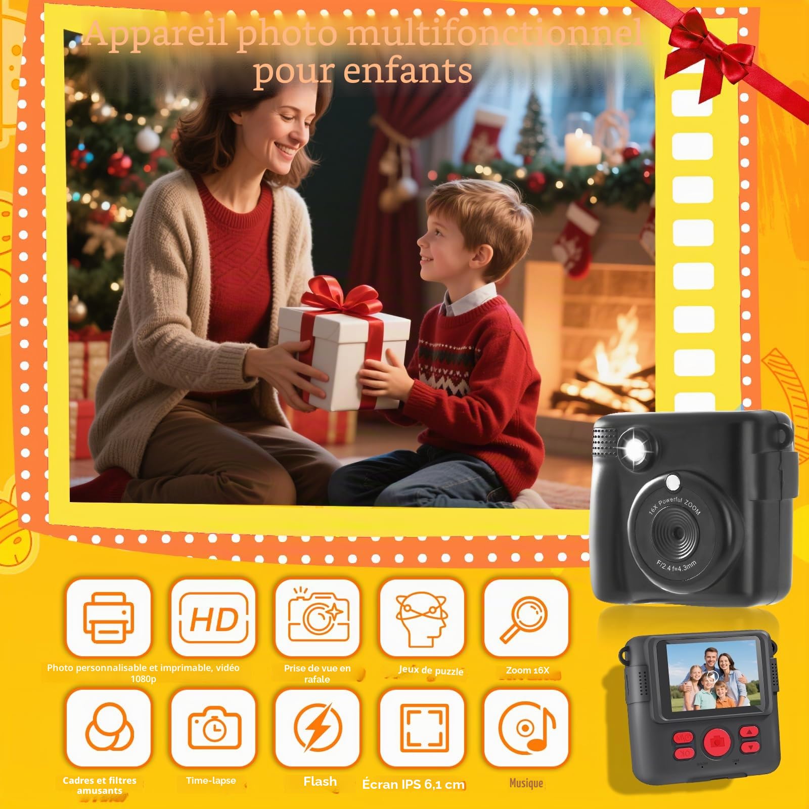 CHRERNA Appareil Photo Instantané Enfant, 1080P Appareil Photo Enfant & Caméra Vidéo avec Carte de 32GB & Papier d'impression, Cadeau pour Garçons & Filles de 3 à 12 Ans(Noir