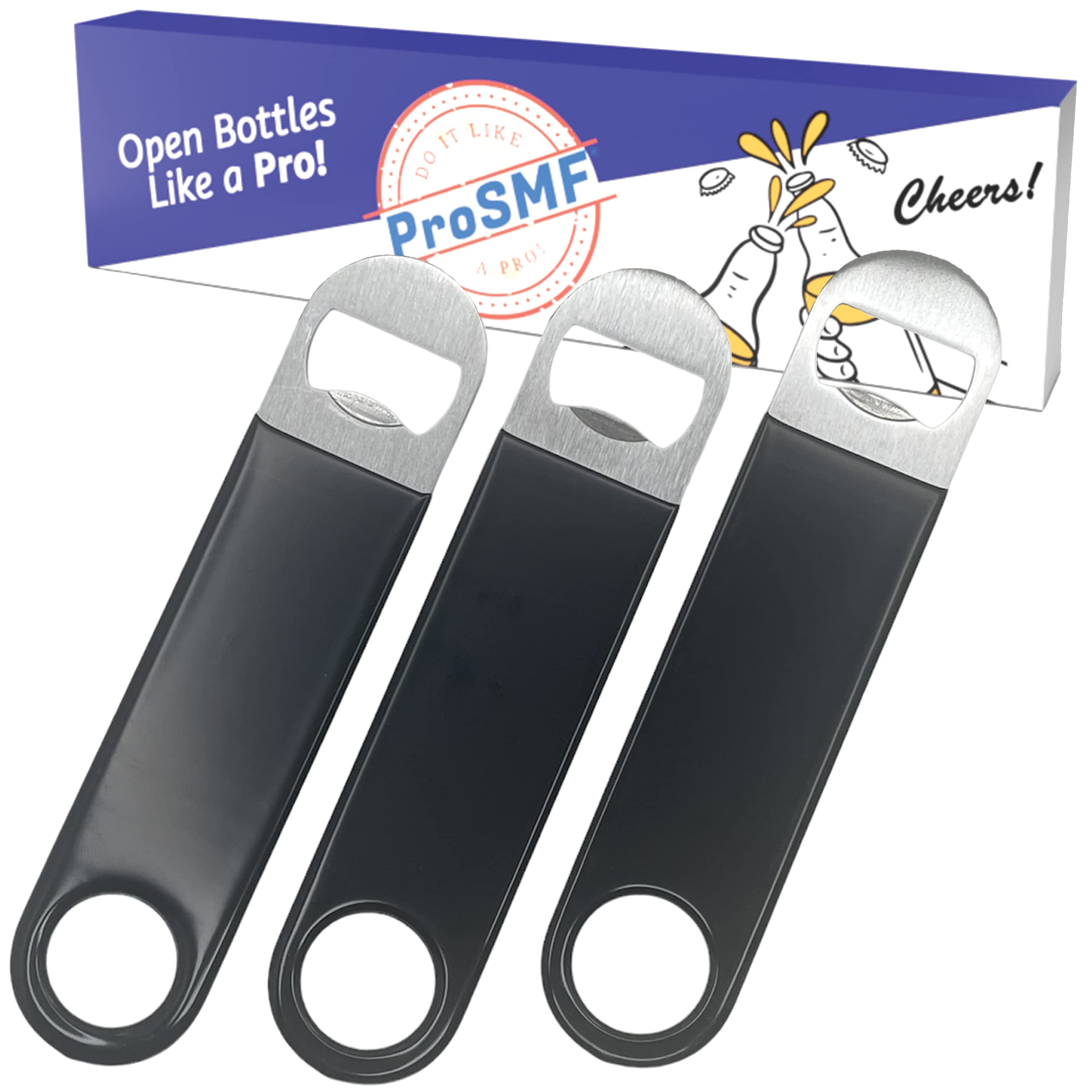 Flat Bottle Opener for Bartender - Beer Bottle Opener - Heavy Duty Stainless Steel - Vinyl Rubber Coated Handle - 3 Pack - Large - 7-Inch - Black