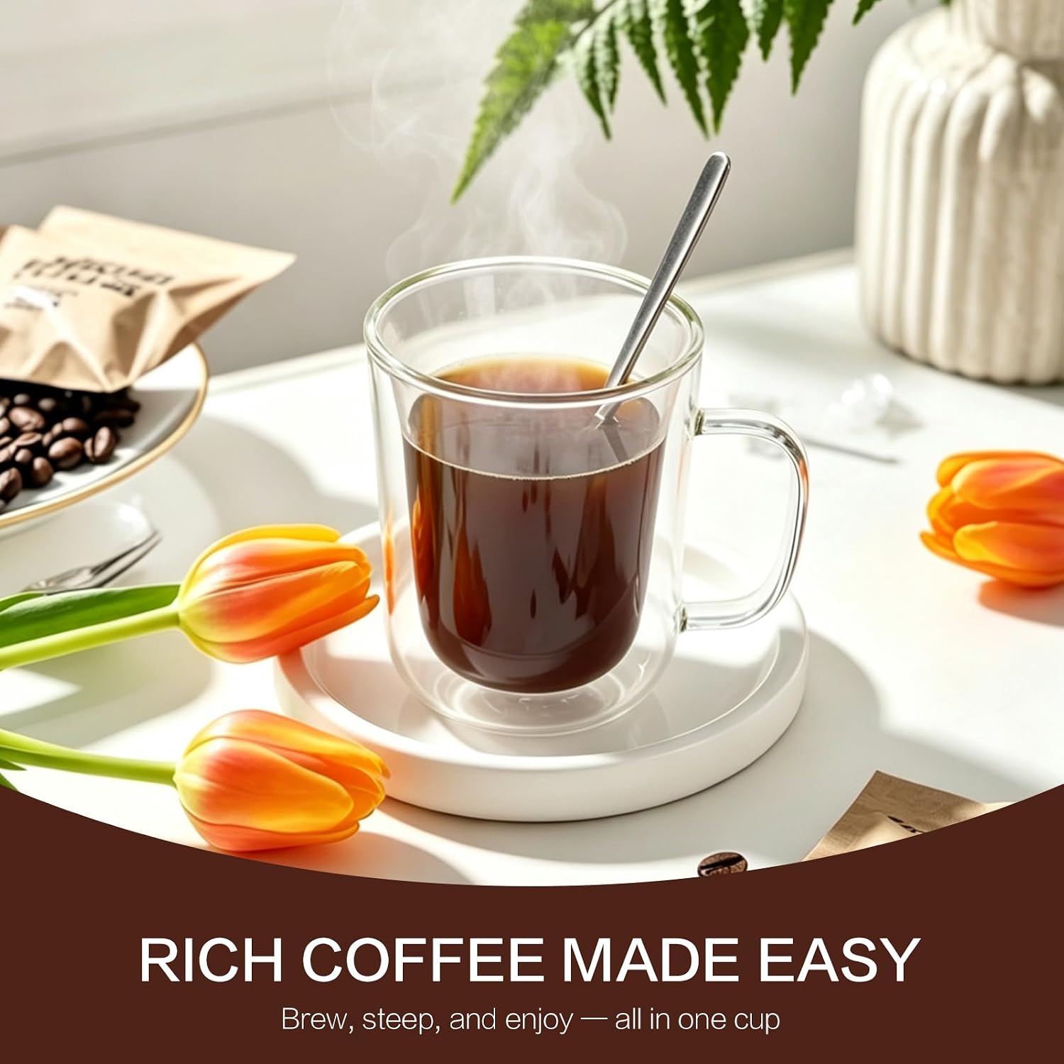Pour Over Coffee Maker with Cup, 2-in-1 Immersion & Drip Coffee Dripper, Stainless Steel Reusable Filter, Fits 3.3–4 Inch Cups, No Paper Filters Needed, Portable Coffee Brewer for Home Office Travel
