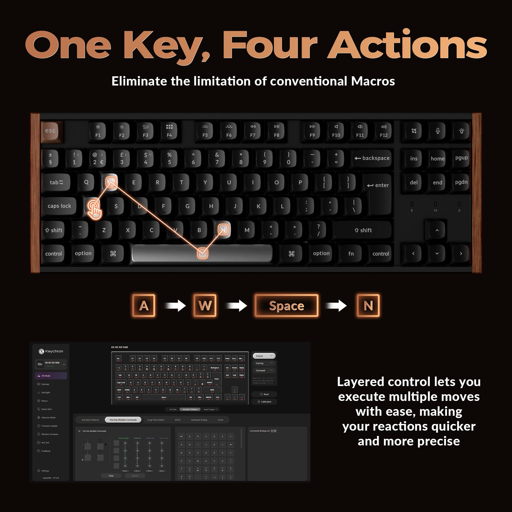 Keychron K8 HE Mechanical Keyboard TKL Wireless Bluetooth 2.4G Wired Triple Mode, Hot Swappable Hall Effect with QMK VIA Aluminum+Wood Frame Rapid Trigger for Mac Windows Linux - Black UK Layout — view 6