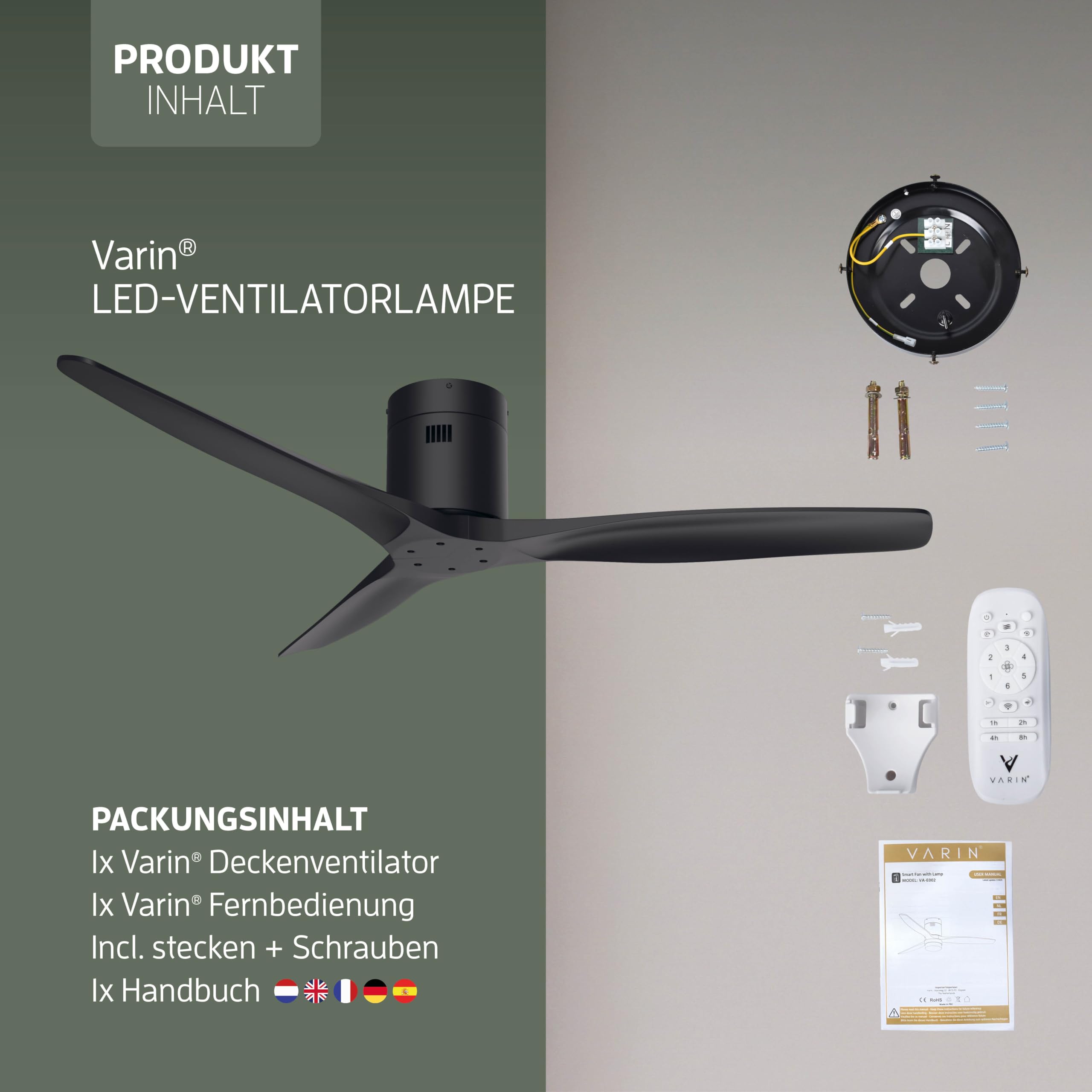 Varin® Smart Deckenventilator, Tuya WLAN, Lange Flügel, 6 Geschwindigkeiten, Ventilator Leise 20 dB, Deckenventilator mit Fernbedienung und App, Ø 132 cm, Schwarz