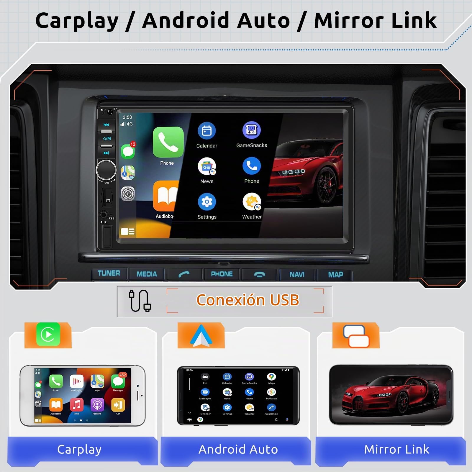 Hodozzy Radio Coche 2 DIN con CarPlay Android Auto, Pantalla Táctil Coche 7 Pulgadas con Bluetooth Mirror Link/Controles en el Volante/FM Radio EQ USB AUX Reproductor Multimedia de Coche+ Cámara