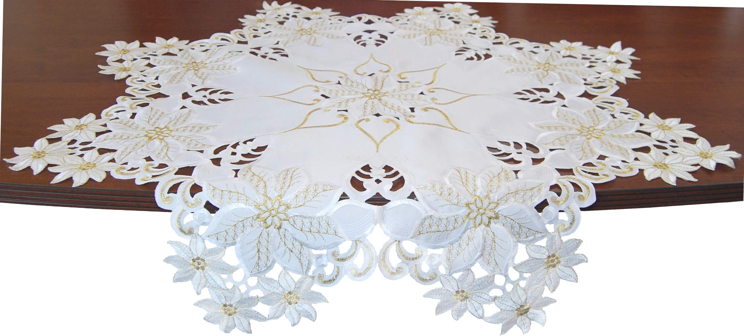 EcoSol Designs Embroidered Table Topper Centerpiece (36" Diameter, White-Gold) Snow Flower