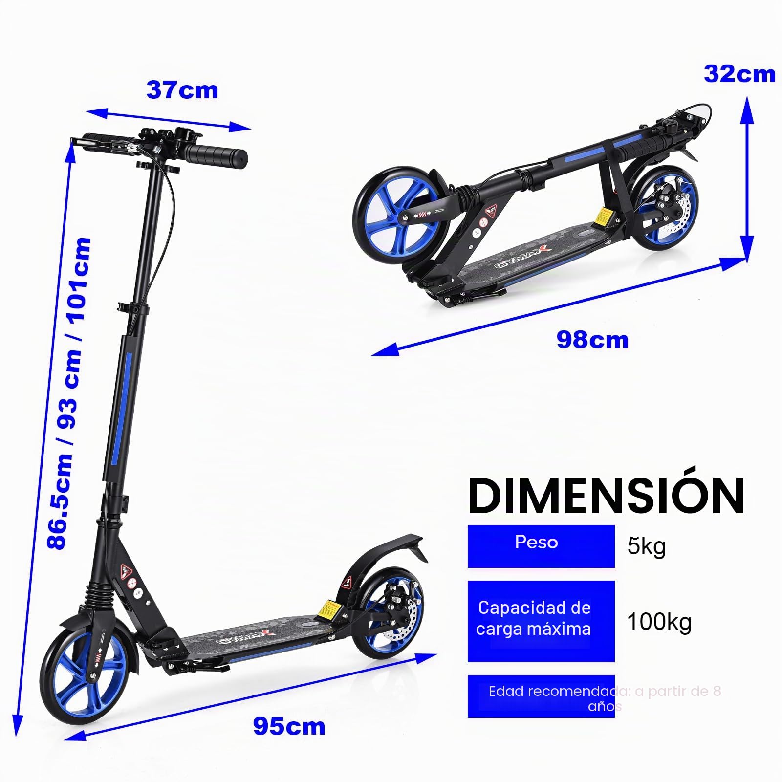 KOMFOTTEU Patinete Plegable con 2 Ruedas con Freno, Scooter con 3 Alturas Regulables, Patinete Infantil con Carga 100 kg, Monopatín con Timbre y Correa, para Niños 8+ y Adultos