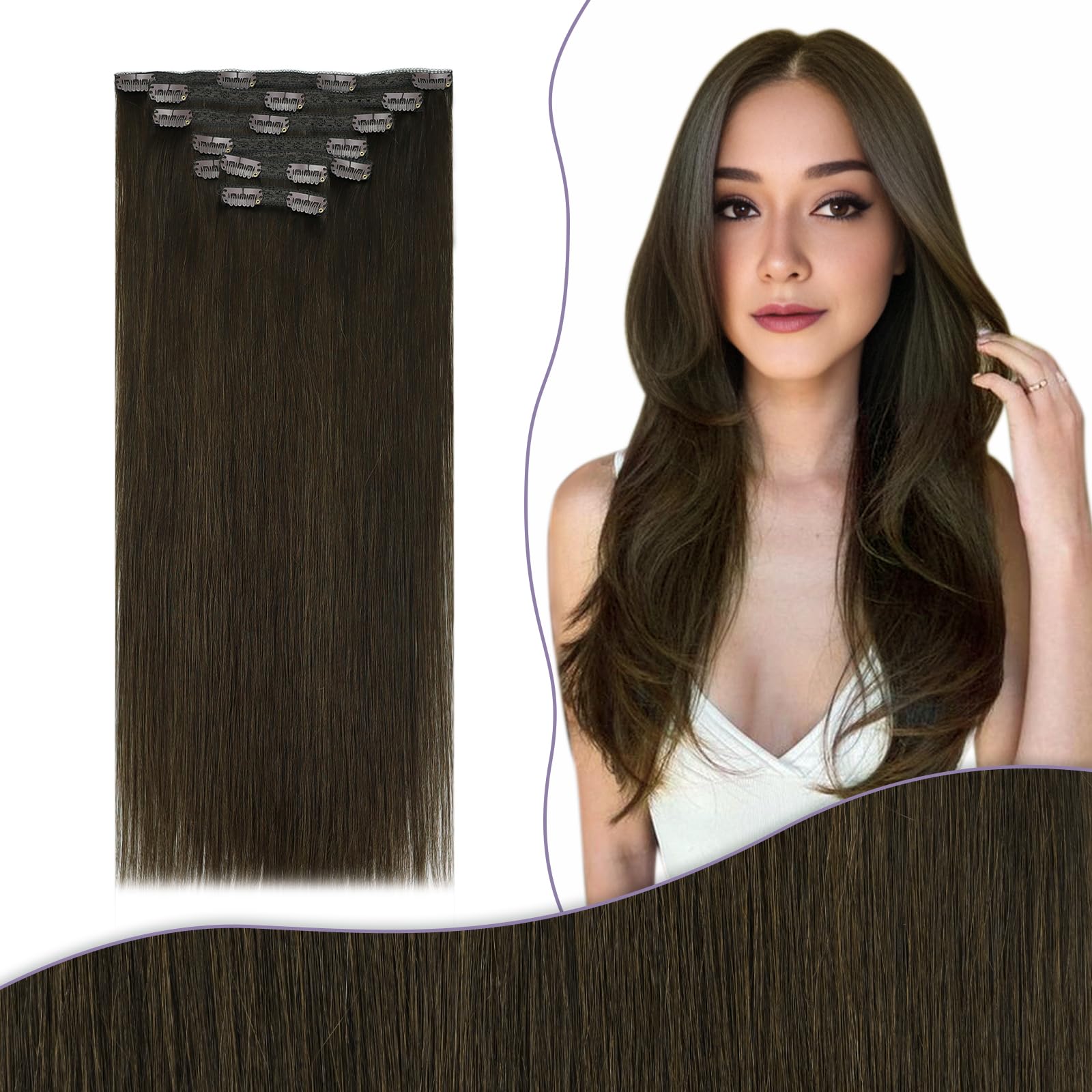 Fshine Darkest Brown Clip in Hair Extensions Human Hair Seamless Extensions Clip in Human Hair Brown Clip in Hair Extensions Natural Straight 16 Inch 135g