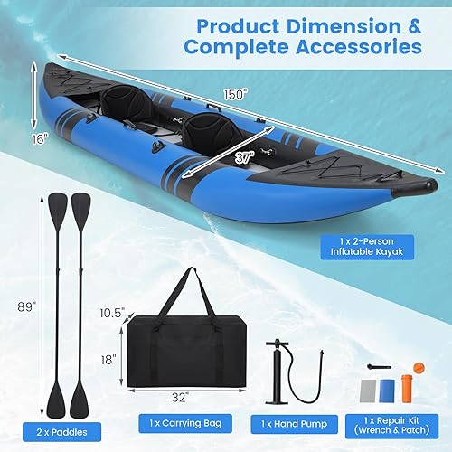 Miniatura 7 de GYMAX Kayak inflable, kayak tándem de 12.5 pies y 507 libras con 2 remos de aluminio, 2 asientos acolchados, reposapiés, 2 aletas, bomba de mano,