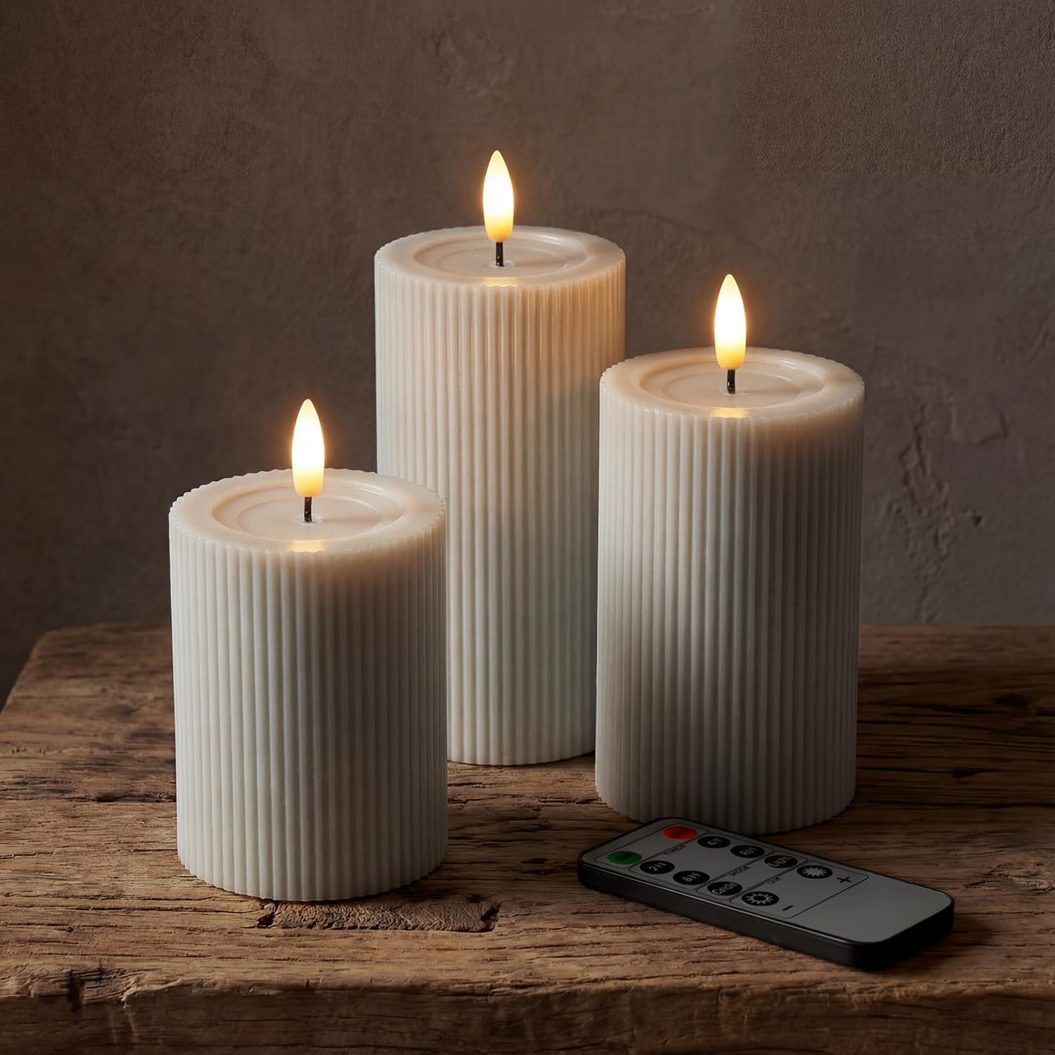 Fluted Ribbed LED Pillar Candles, Cream Beige, with Reflective Melted-Wax Effect – Flickering Flame, Remote, Dimmable, Flameless, Battery Operated, Home & Wedding Decor (Set of 3)