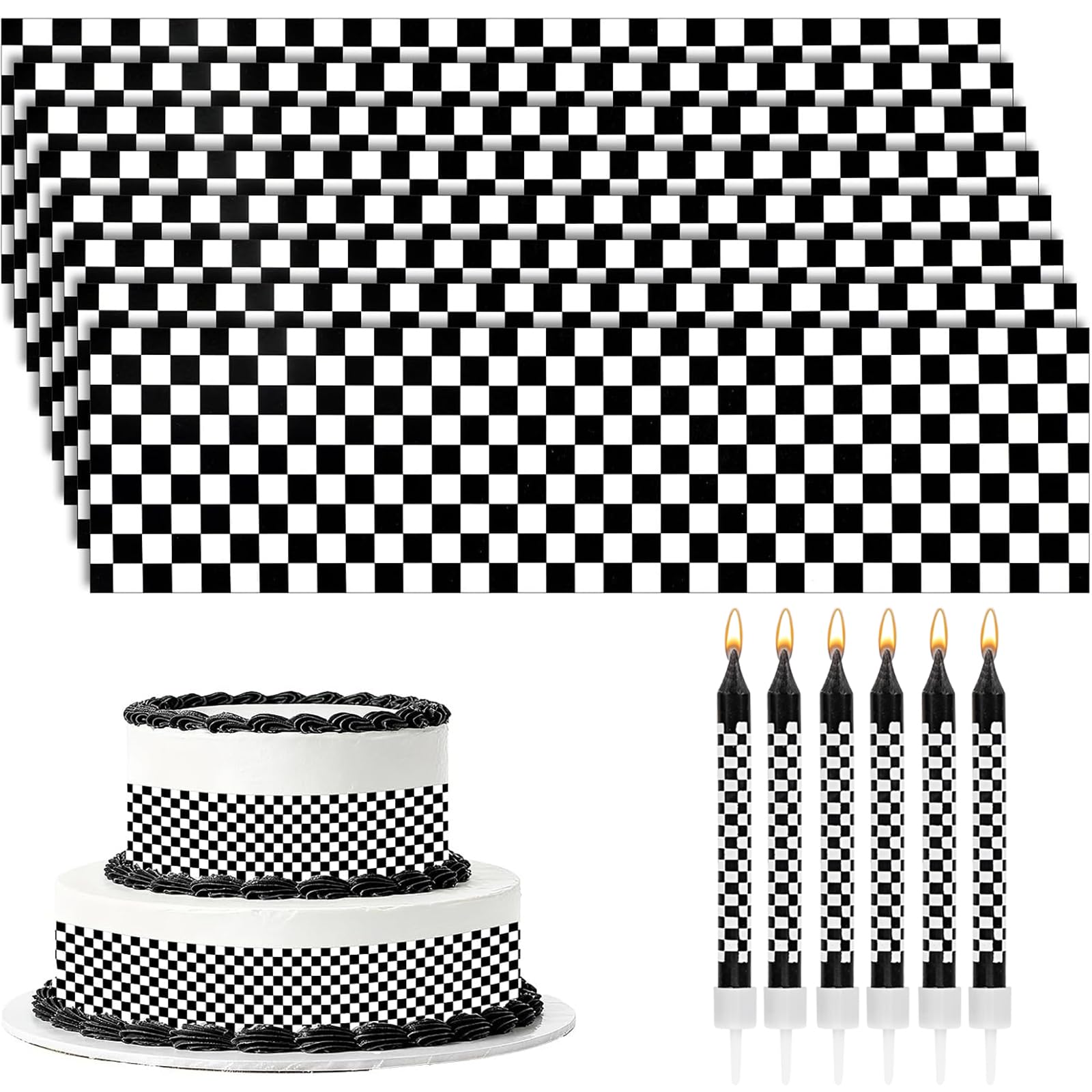14-Piece Set Black & White Checkered Cake Borders, Reusable Car cake decorations, Adhesive Dots Included, Race Car Themed Birthday, Motorsport Party Decorations