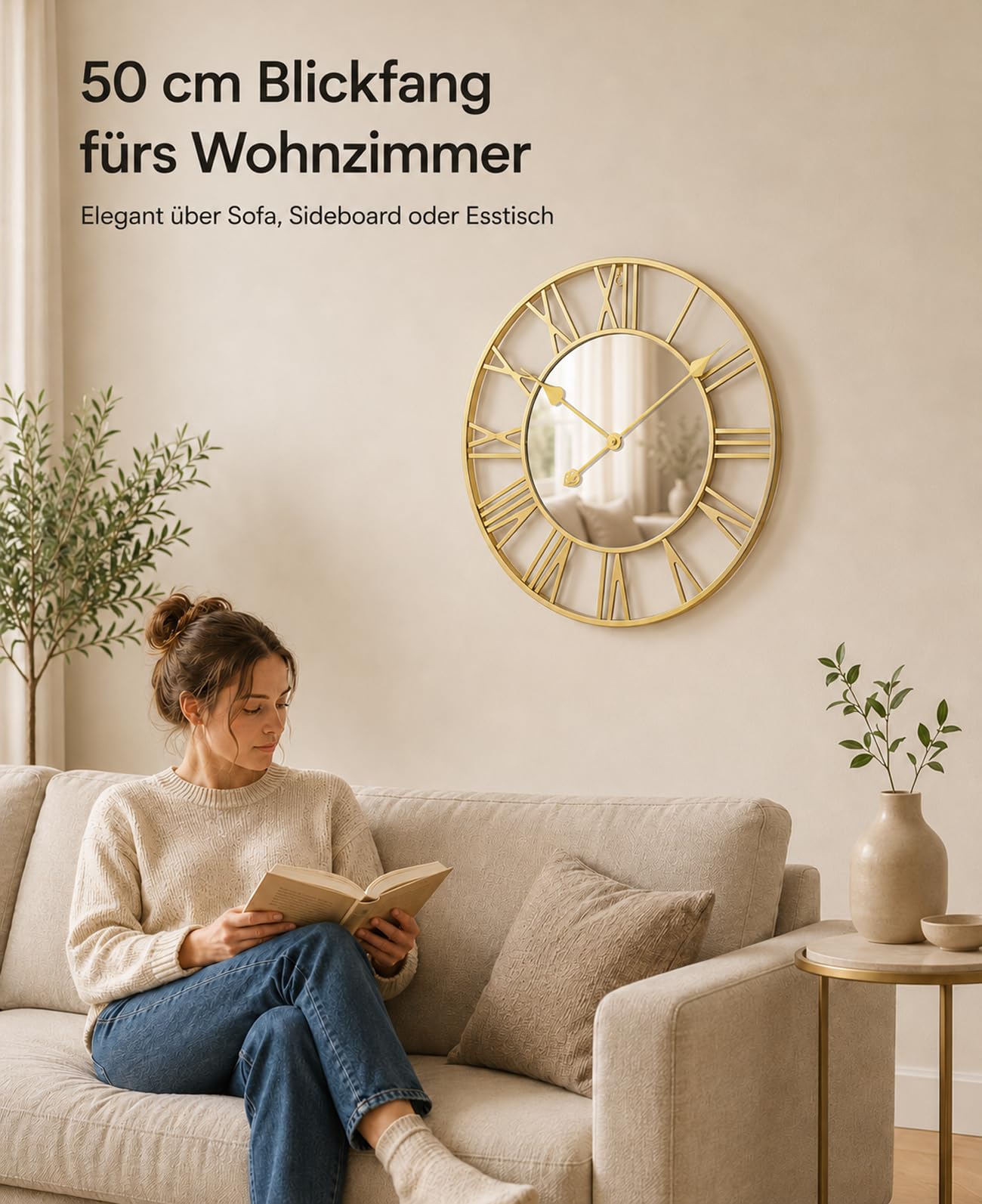 Wanduhr Gold 50 cm lautlos mit römischen Ziffern und Metallrahmen