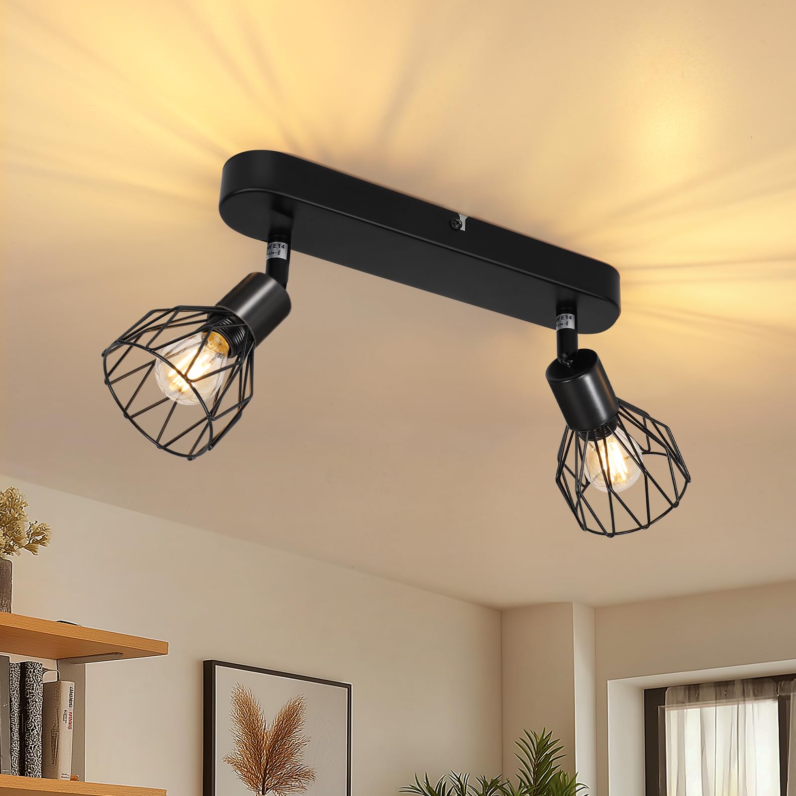 Dehobo Deckenstrahler LED 2 Flammig, Vintage Deckenlampe Schwarz E14 Drehbar 350°, Deckenspots Wohnzimmerlampe, Retro Flurlampen Deckenlampen, Wandstrahler Innen für Küche (Ohne Glühbirnen)