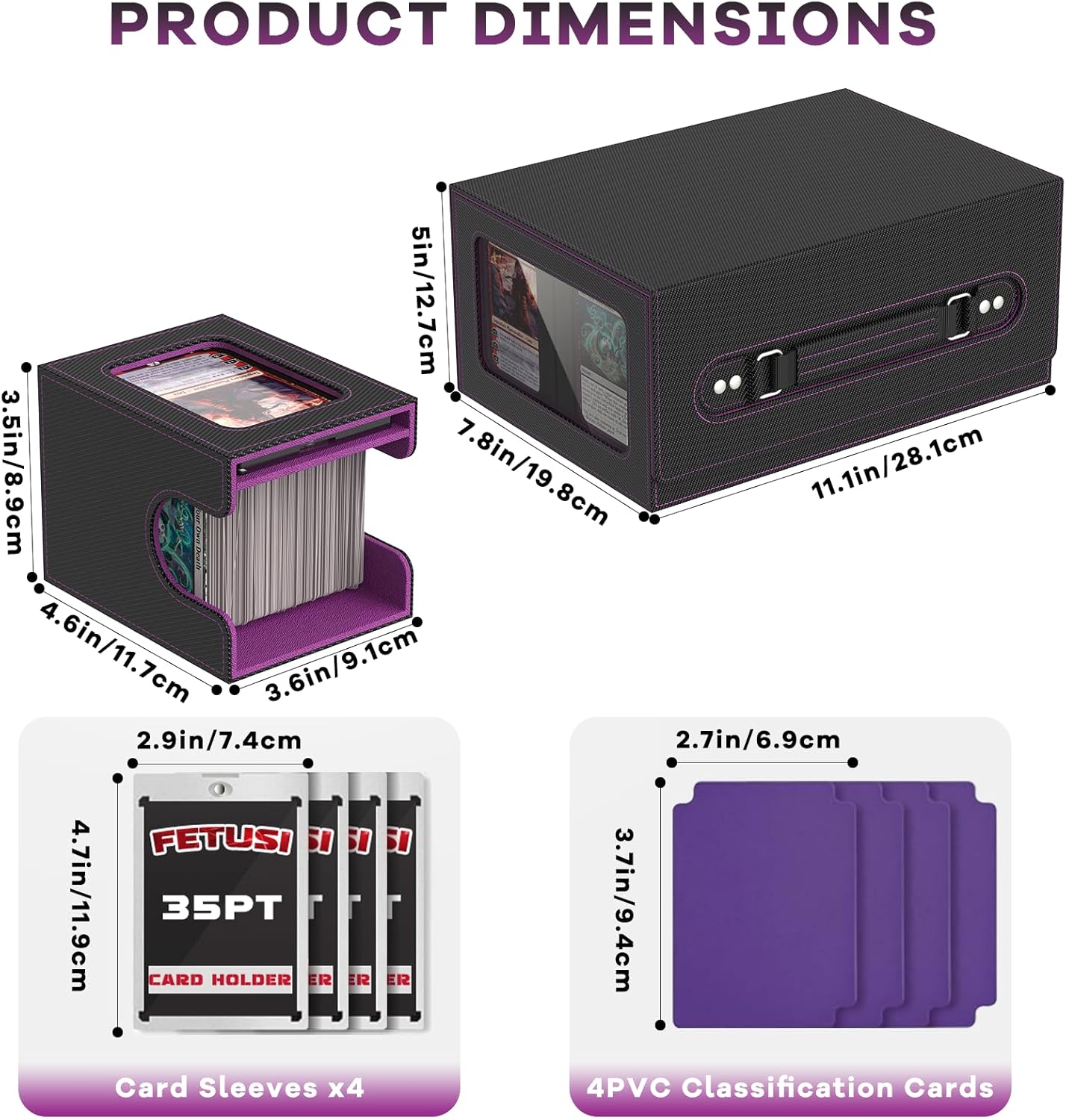 Commander Deck Box for MTG Fits 400+ Double-Sleeved Card Storage, 4 IN 1 Removable Card Case with Multi-purpose Deck Case, Display Window for TCG/PTCG/EDH, 4 Magnetic One Touch Holders(Black Purple)