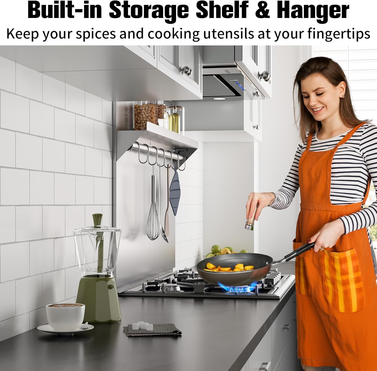 IKTCH Range Backsplash with Shelf 24 x 30 Inch Range Hood Wall Shield, Stainless Steel Backsplash Silver Splash Plate for Range Hood Stainless Backsplash with Built-in Storage Shelf and Hanging Rack