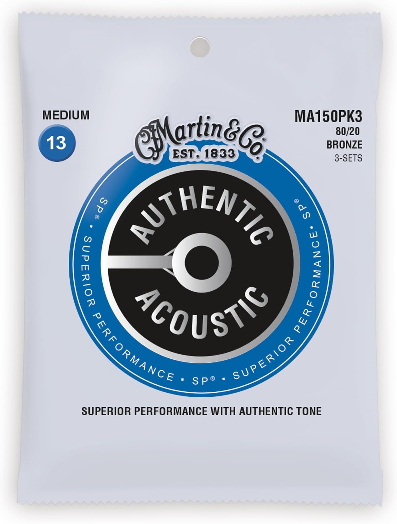 Martin Authentic Acoustic Guitar Strings, Superior Performance Medium 13-56, 80/20 Bronze, 3 Pacl