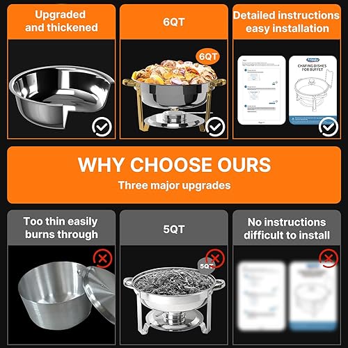 Miniatura 3 de Chafing Dishes for Buffet 4 Pack, 6QT Round Chafing Dish Buffet Set Stainless Steel Buffet Food Warmers Sets for Catering Events Parties Dinners