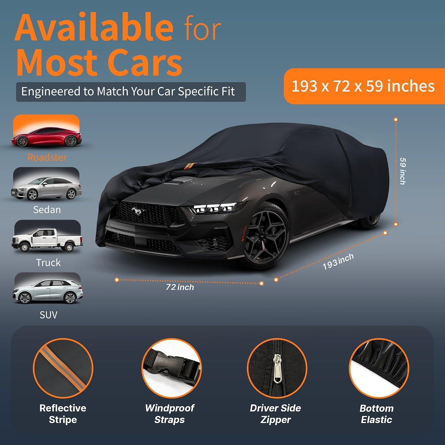 Ford Mustang Car Cover Waterproof All-Weather,Outdoor Full Exterior Automobiles Covers(Length 186-193 inch) with Windshield Sun Shade,Storage Bag