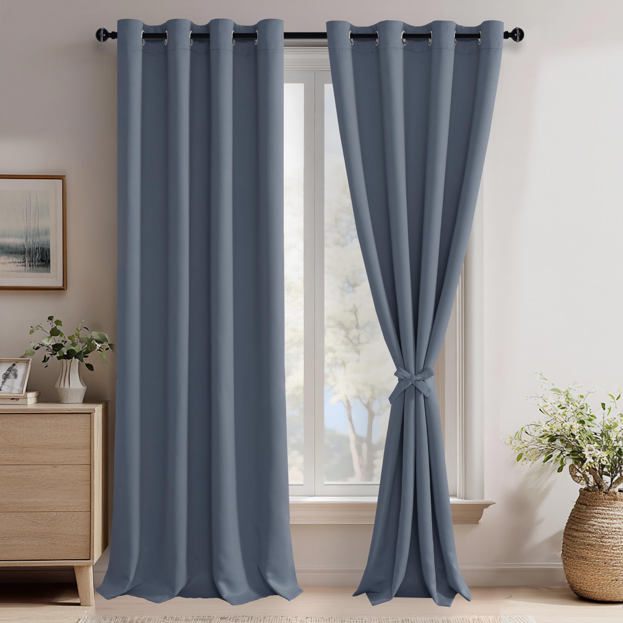 JIUZHEN Dusty Blue Blackout Curtains with Tiebacks-Thermal Insulated, Light Blocking and Noise Reducing Grommet Curtains for Bedroom and Living Room,